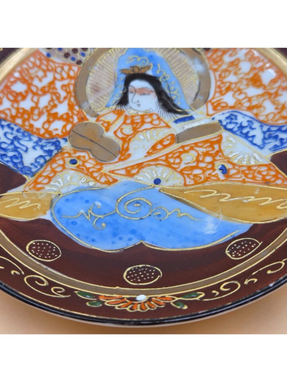Vintage Japanese Satsuma Moriage Kannon Arhat Hand Painted Saucer Set 2 - Picture 8 of 12